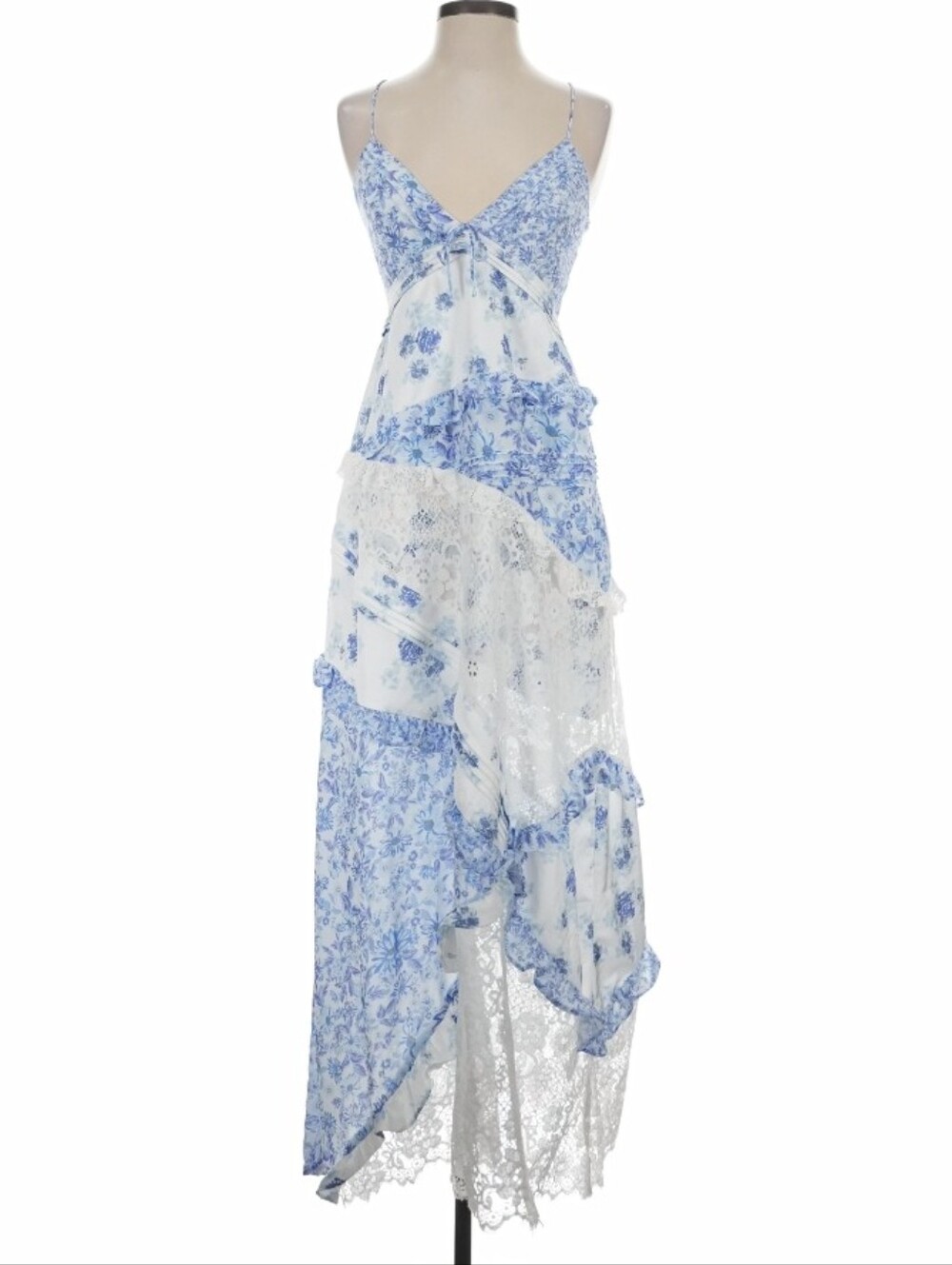 For Love And Lemons Blue Floral Lace Tiered Maxi Dress - Size M